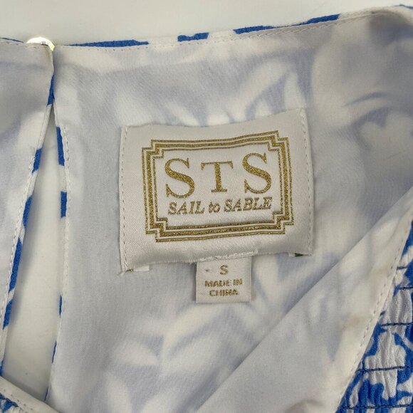STS Sail to Sable Smocked Ruffle Blue White Top Womens Size Small Feminine - Picture 5 of 8